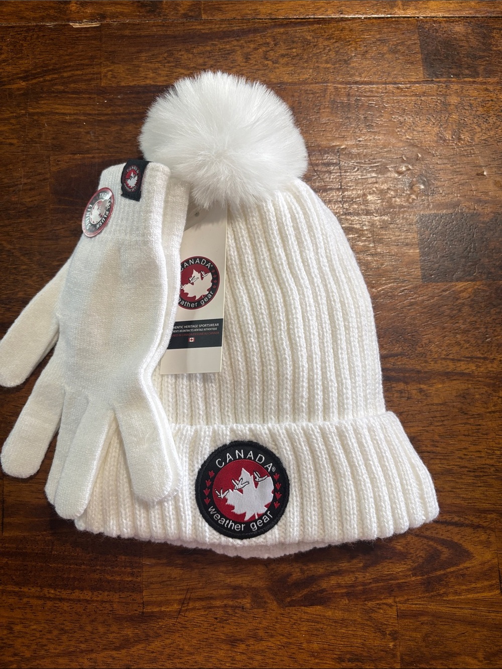 Canada Weather Gear Kids White Pom Pom Beanie & Gloves Set